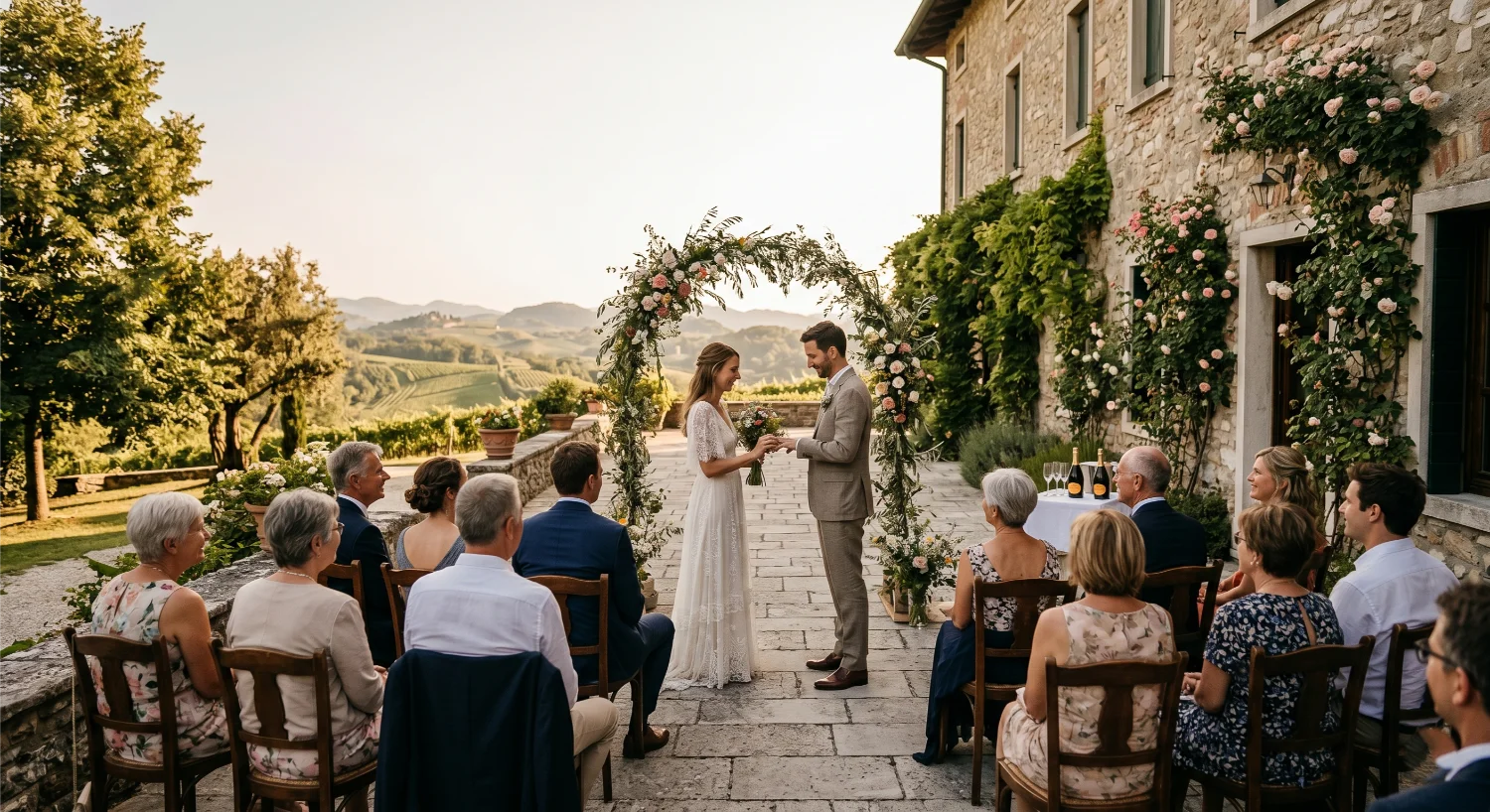 Cerimonia di un matrimonio intimo (micro-wedding) a La Corte di Marga a Miane, con gli sposi sotto un arco di fiori e lo sfondo panoramico delle Colline del Prosecco UNESCO.