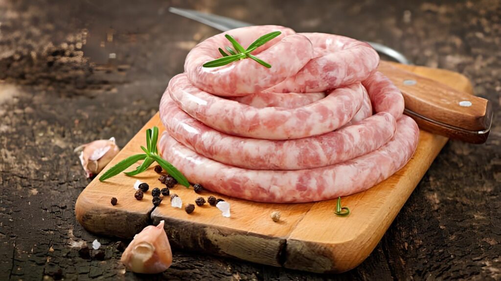 Frische Luganega aus Treviso, schneckenförmig aufgerollt auf einem Holzbrett mit Rosmarin und Knoblauch