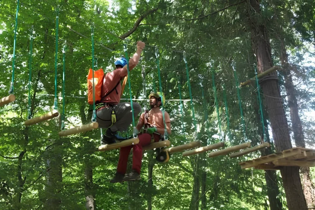 Persone con elmetto e imbracatura su un ponte sospeso di tronchi al Sinapsi Park Montello